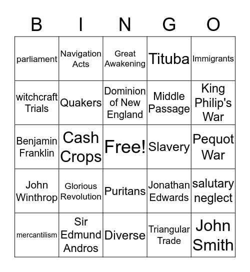 Colonial America Bingo Card