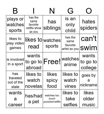 getting to know you! Bingo Card