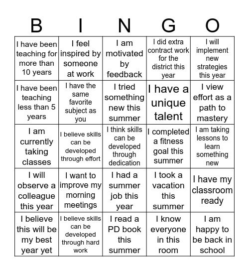 Growth Mindset Bingo Card