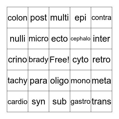 Medical Vocab Bingo Card