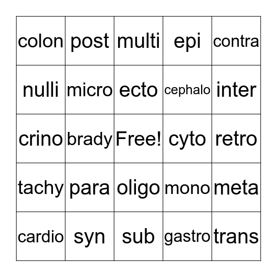 Medical Vocab Bingo Card