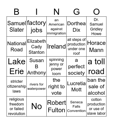 Industrial Revolution Bingo Card