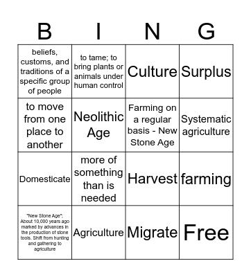 Neolithic Bingo Card