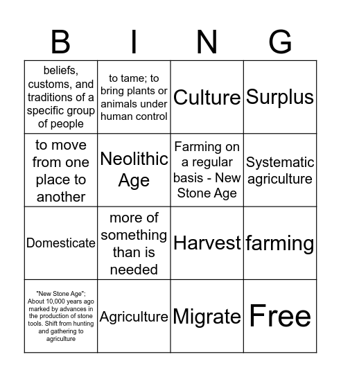 Neolithic Bingo Card