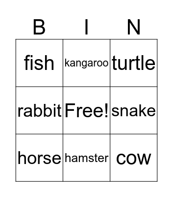 Animal Bingo Card