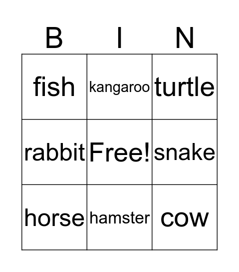 Animal Bingo Card