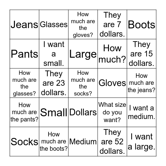 How Much Are The Shoes? Bingo Card