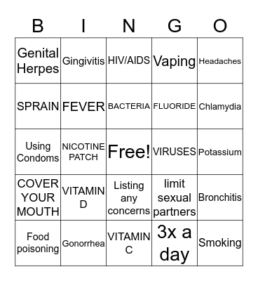 Healthy Living Bingo Card