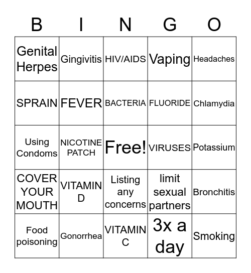 Healthy Living Bingo Card