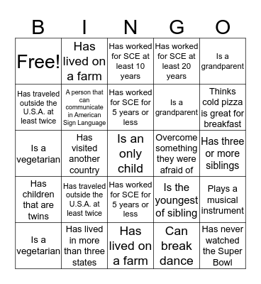 SCE Diversity Bingo Card