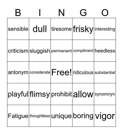 Antonyms Bingo Card