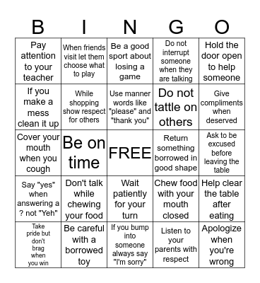 Manners Bingo Card