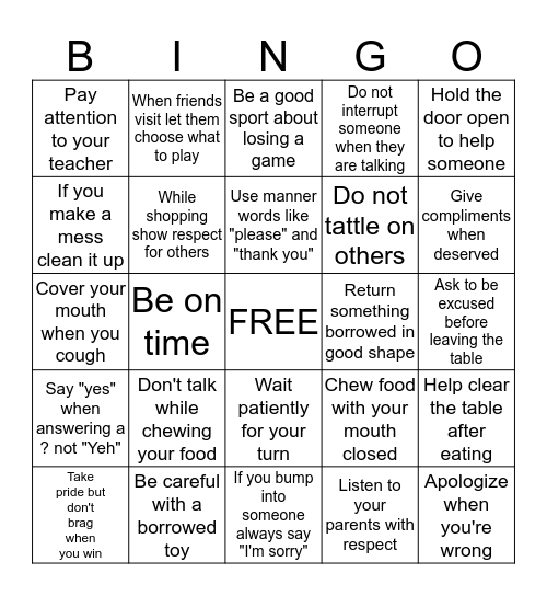 Manners Bingo Card