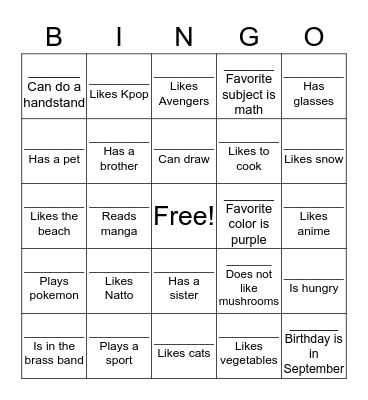 Classmate bingo Card