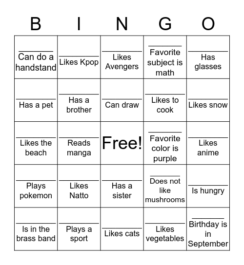 Classmate bingo Card