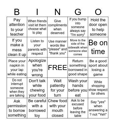 Manners Bingo Card