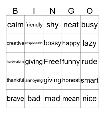Character Traits Bingo Card