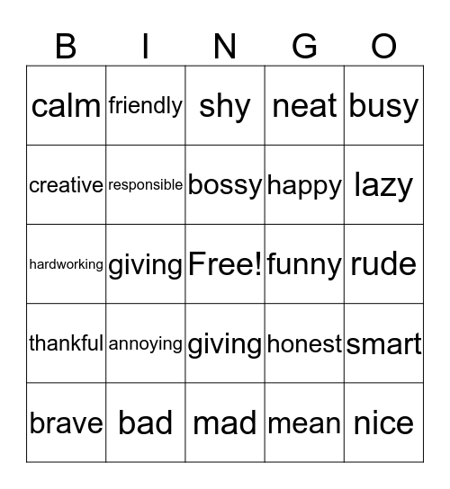 Character Traits Bingo Card