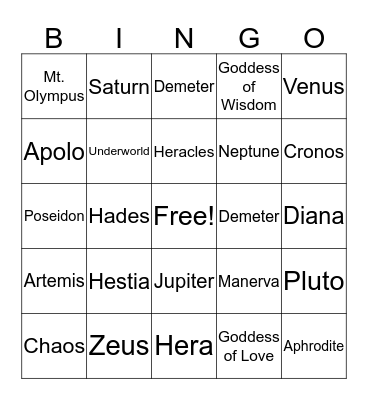 Gods and Goddesses Bingo Card