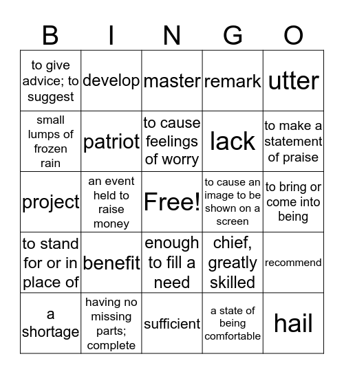 Vocabulary Bingo Card