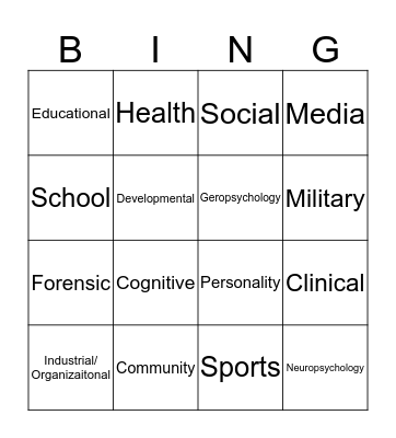 Specialty Fields in Psych Bingo Card
