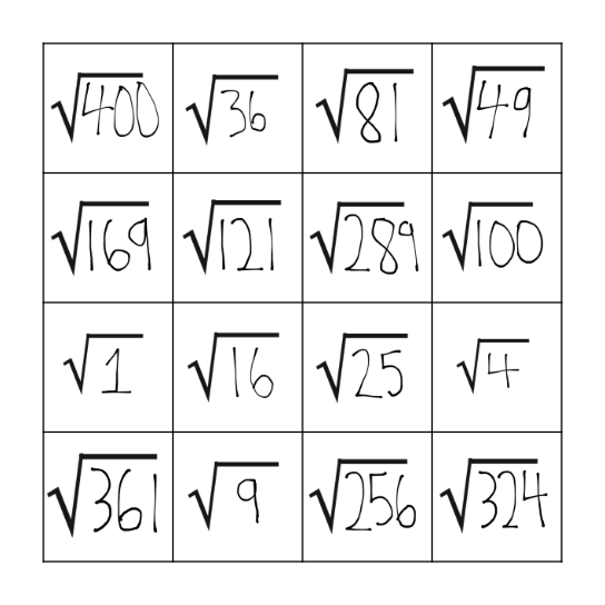 Square Root Time Trial Bingo Card