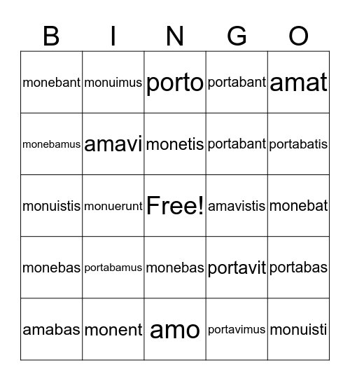 Tenses Bingo Card