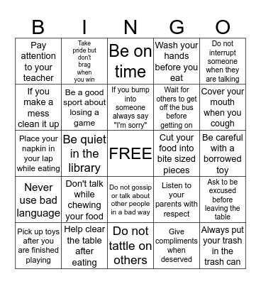 Manners Bingo Card