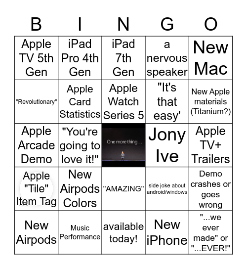 Apple Keynote 2019 Bingo Card