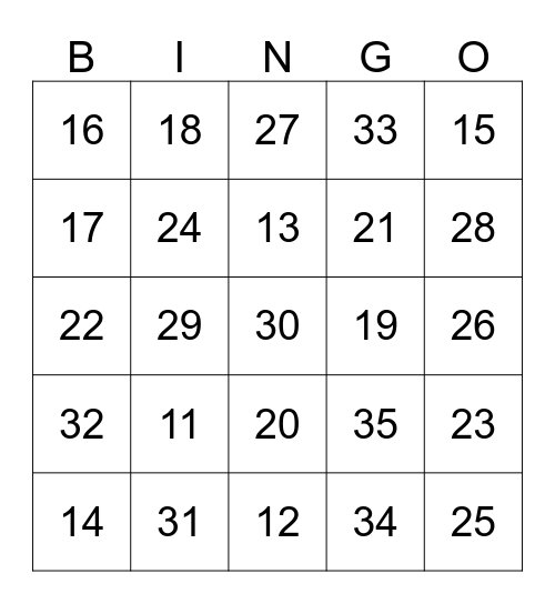 Number Bingo 11 - 35 Bingo Card