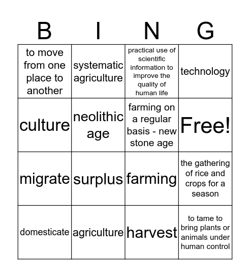 neolithic age bingo  Bingo Card