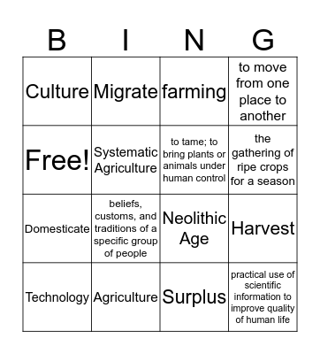 Neolithic Age Bingo Card