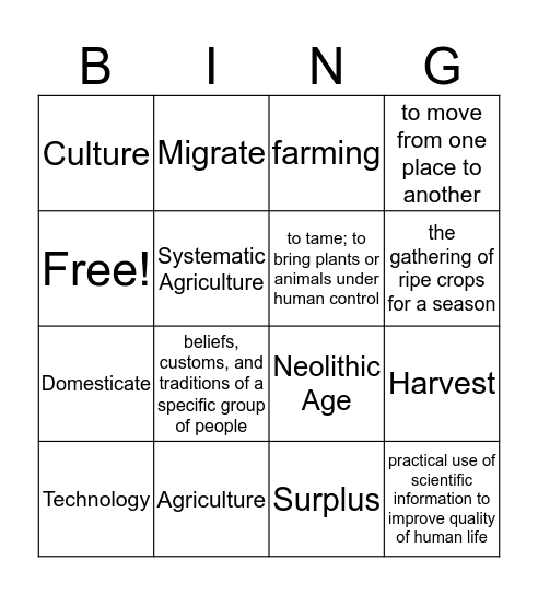 Neolithic Age Bingo Card