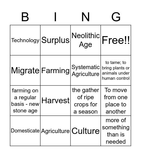 Neolithic Age Bingo Card