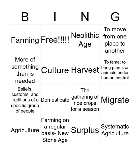 Neolithic Age BING Bingo Card