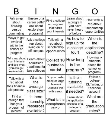 College & Career Fair Bingo! Bingo Card