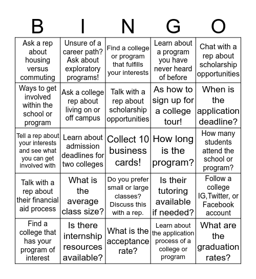 College & Career Fair Bingo! Bingo Card