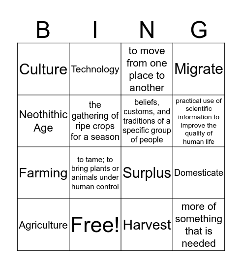 Social Studies - Neolithic Age / Agricultural Revolution Bingo Card