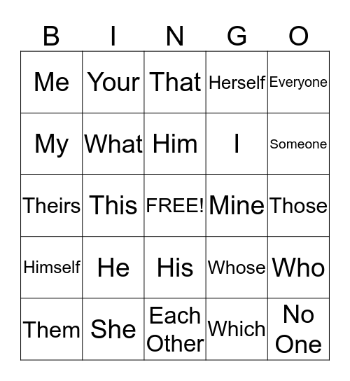 Pronoun Bingo Card