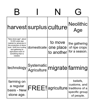 Neolithic Age Bingo Card