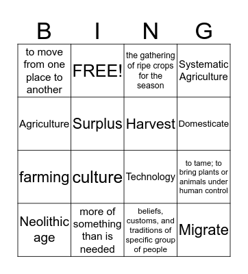 Neolithic Age Bingo Card