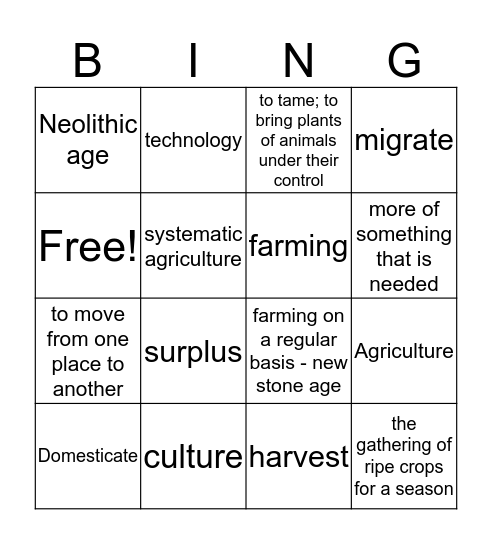 Neolithic Age Bingo Card