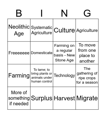 Neolithic Age Bingo Card