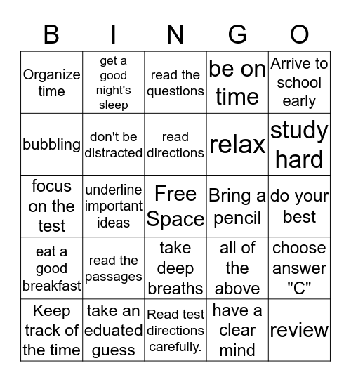 Test Taking Skills Bingo Card