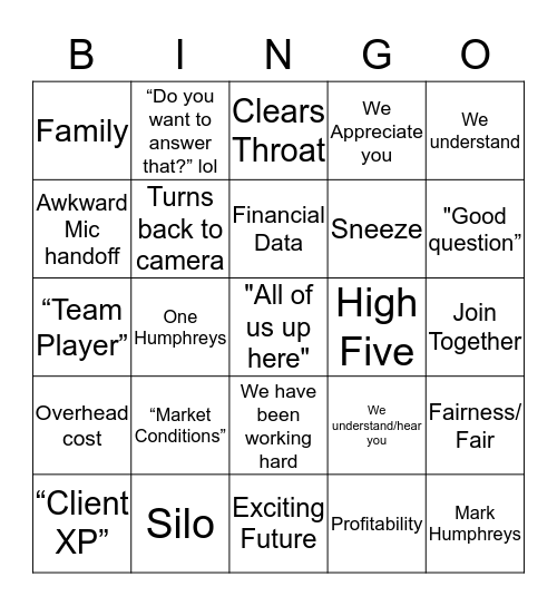 Humphreys Town Hall Bingo Card