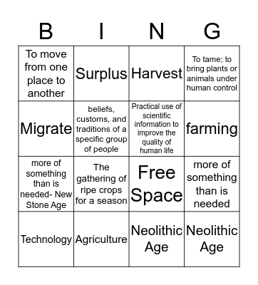 Neolithic Age Bingo Card