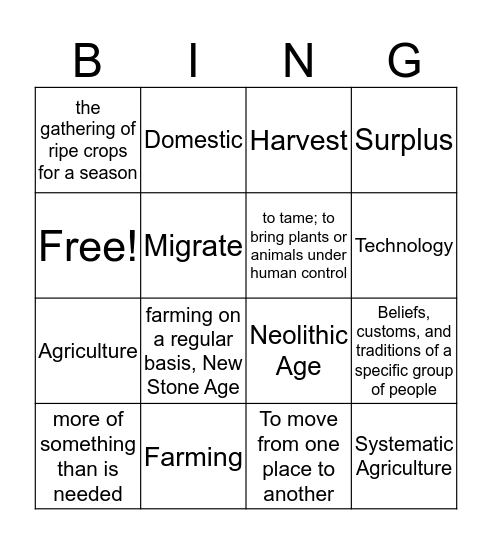 Neolithic Age Bingo Card