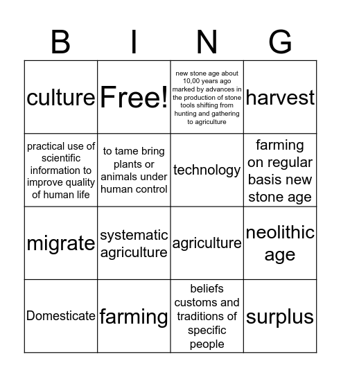 Neolithic age  Bingo Card