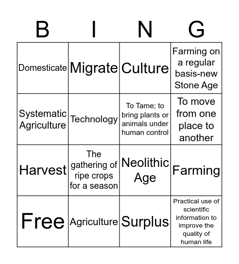 Neolithic Age Bingo Card