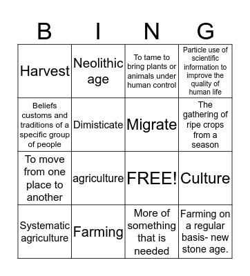 Neolithic age BING Bingo Card